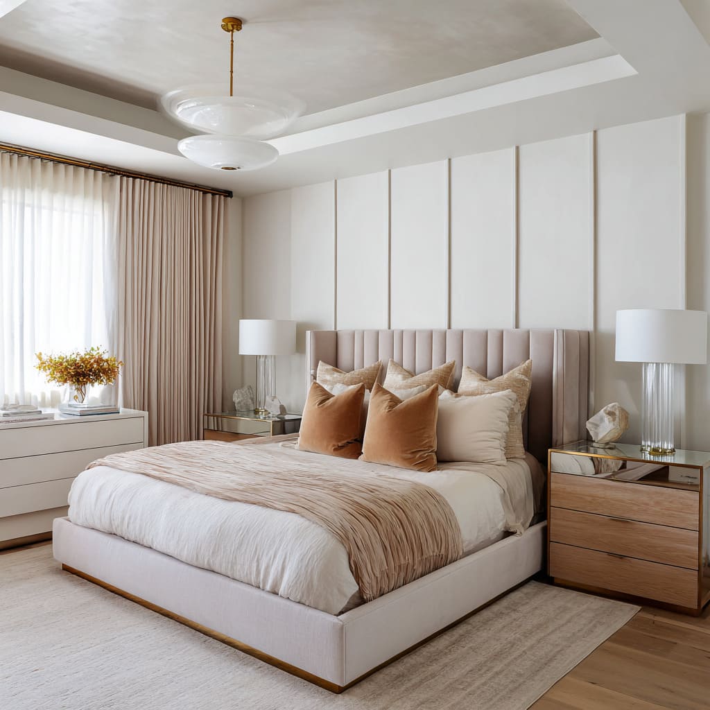 Creamy hollywood regency style bedroom decorating with champagne channeled headboard, tone-on-tone bedding, and brass accents Creamy hollywood regency style bedroom decorating with champagne channeled headboard, tone-on-tone bedding, and brass accents