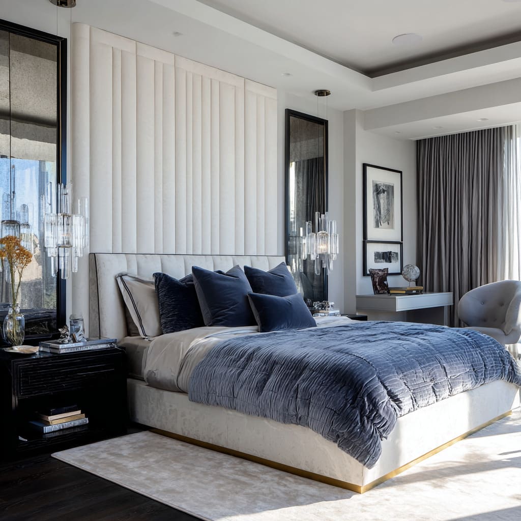 Crystalline hollywood regency bedroom design with ribbed headboard, piano-black trim mirrors, glass-rod pendants Crystalline hollywood regency bedroom design with ribbed headboard, piano-black trim mirrors, glass-rod pendants