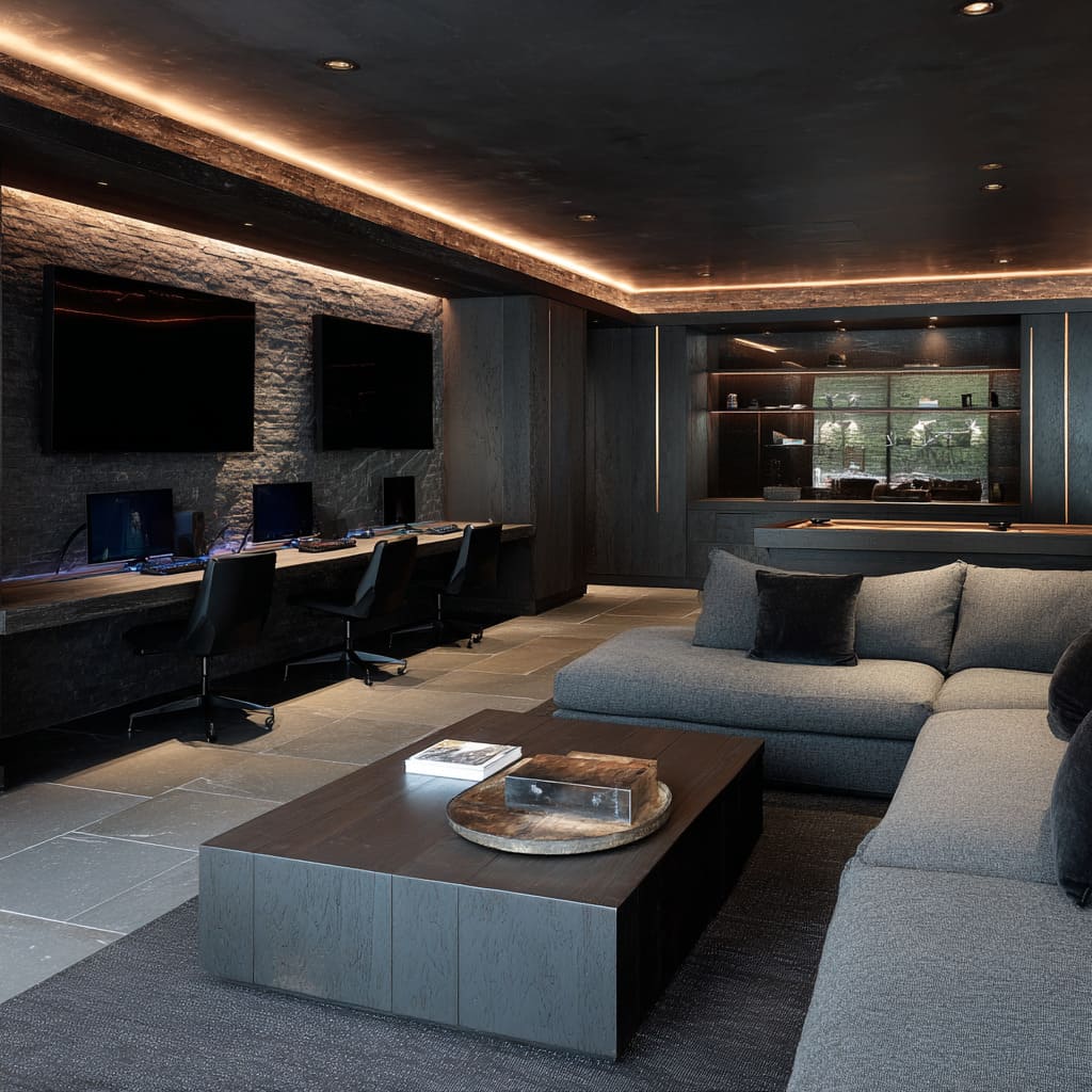 Dark gaming studio design with charcoal ceiling cove, long fumed-oak workstation row, slate-tone sectional, large wood-and-lacquer coffee table Dark gaming studio design with charcoal ceiling cove, long fumed-oak workstation row, slate-tone sectional, large wood-and-lacquer coffee table