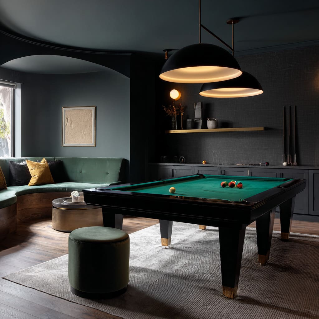 Dark-green snooker den styling with curved banquette seating, brass accents, and soft dome lights for a modern, cozy atmosphere Dark-green snooker den styling with curved banquette seating, brass accents, and soft dome lights for a modern, cozy atmosphere