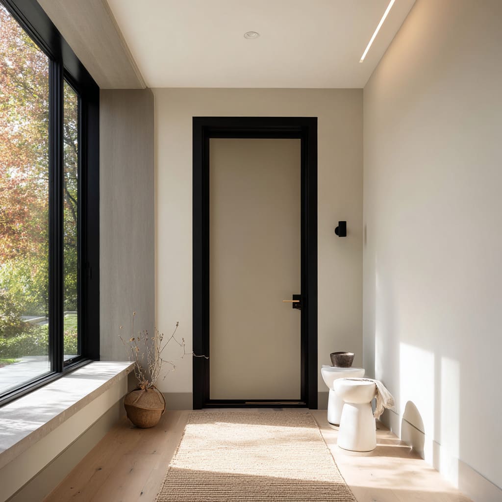 Deep black frame with stone-taupe door Deep black frame with stone-taupe door