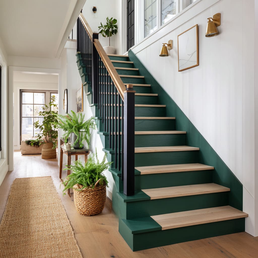 Deep pine-green stair concept with pale oak treads for a grounded modern look
