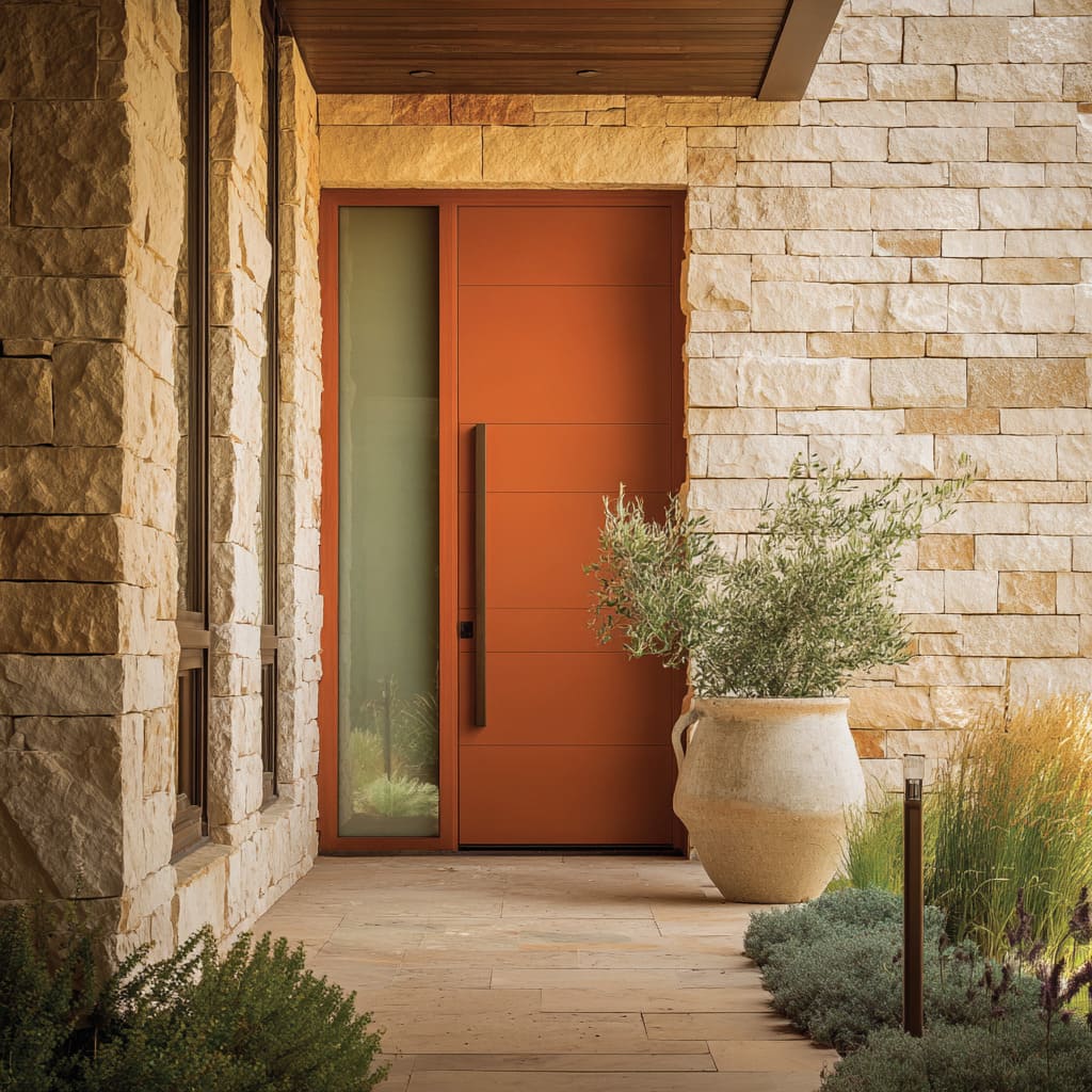 Deep terracotta door with bronze pull, pale limestone surround, frosted sidelite, and chalky urn planter Deep terracotta door with bronze pull, pale limestone surround, frosted sidelite, and chalky urn planter
