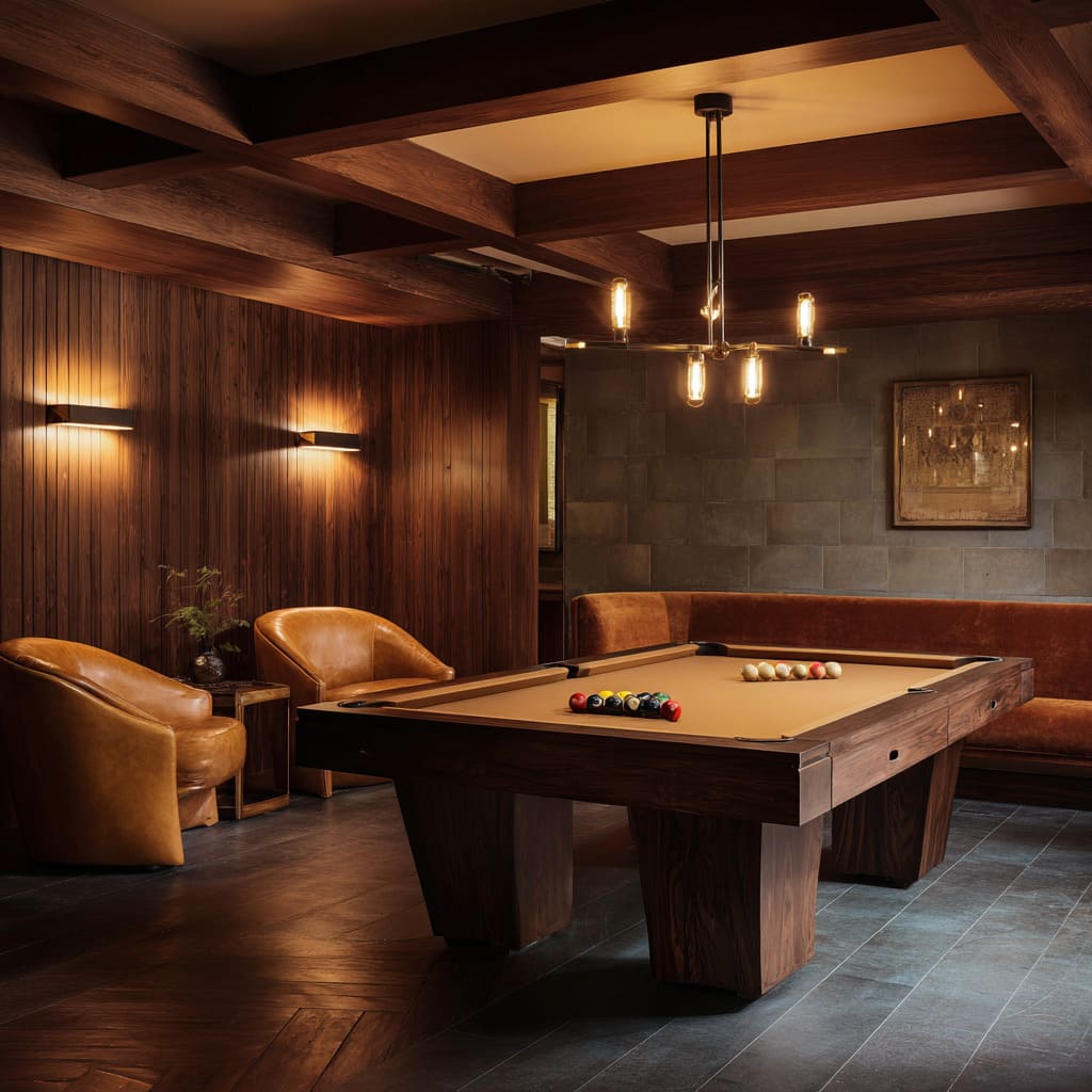 Deep walnut snooker room setup with vertical slats, tan leather seating, chevron flooring, and modern tubular chandelier Deep walnut snooker room setup with vertical slats, tan leather seating, chevron flooring, and modern tubular chandelier