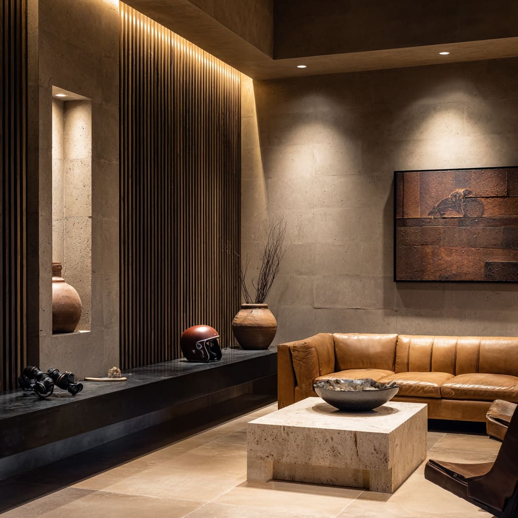 Desert-modern luxury man cave setup featuring sandy limestone walls, ribbed wood screen, caramel leather sofa, red helmet accent Desert-modern luxury man cave setup featuring sandy limestone walls, ribbed wood screen, caramel leather sofa, red helmet accent