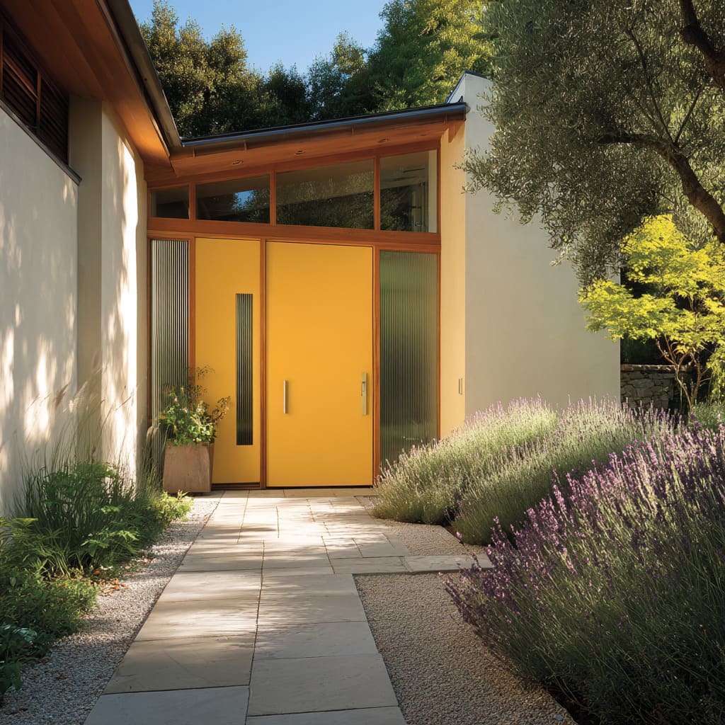 Double saffron doors in cedar frame with reeded sidelites, lavender planting, and stone path Double saffron doors in cedar frame with reeded sidelites, lavender planting, and stone path
