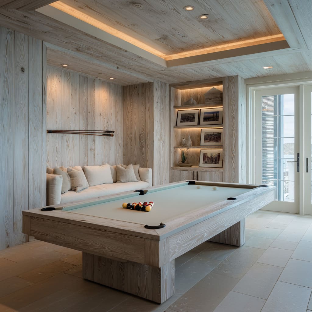 Driftwood snooker room ideas with mint felt, brushed fir walls, and minimalist cue rack displayed as art Driftwood snooker room ideas with mint felt, brushed fir walls, and minimalist cue rack displayed as art