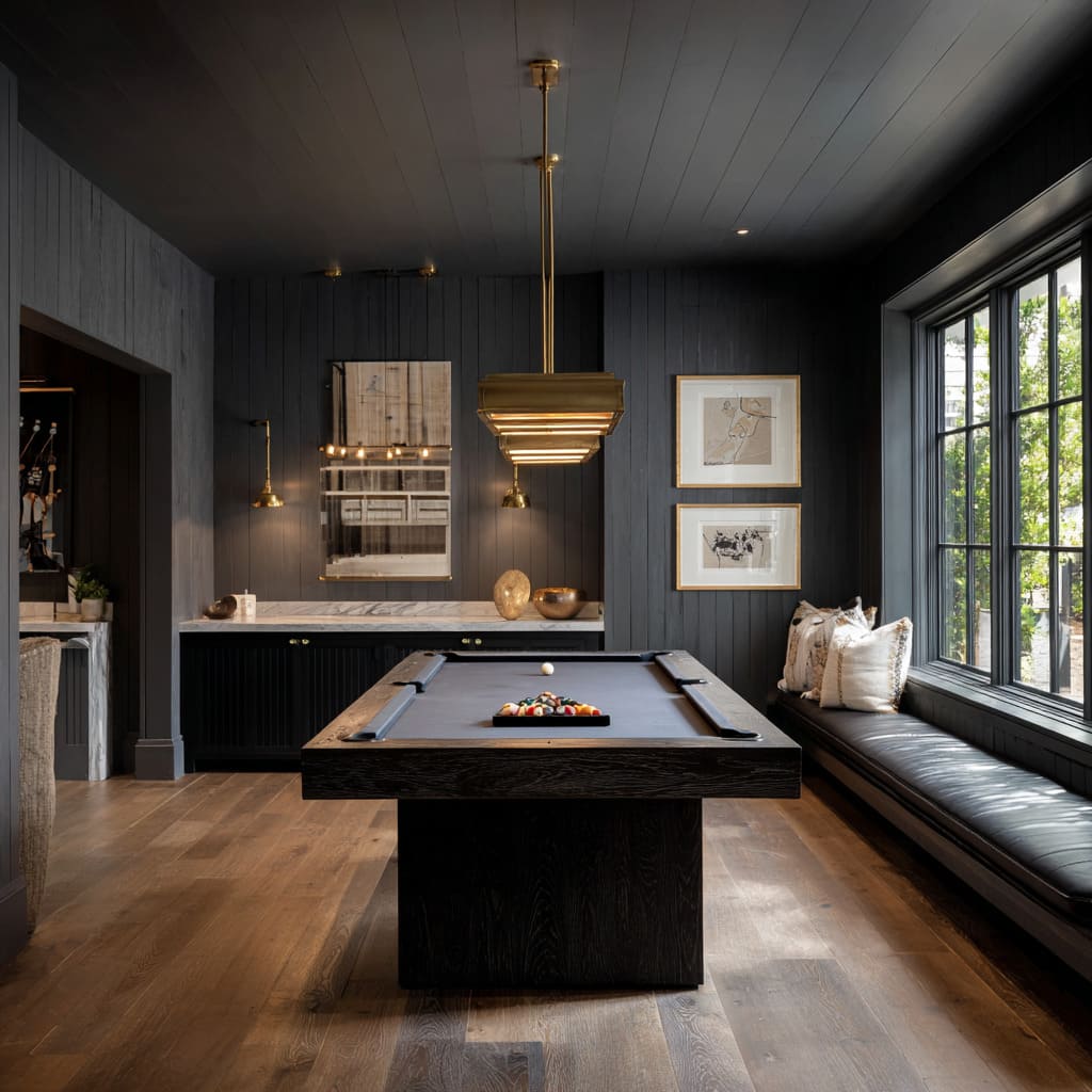 Dull charcoal snooker room concept with brass highlights, ribbed cabinets, Art Deco pendant, and marble accent for a sophisticated club mood Dull charcoal snooker room concept with brass highlights, ribbed cabinets, Art Deco pendant, and marble accent for a sophisticated club mood
