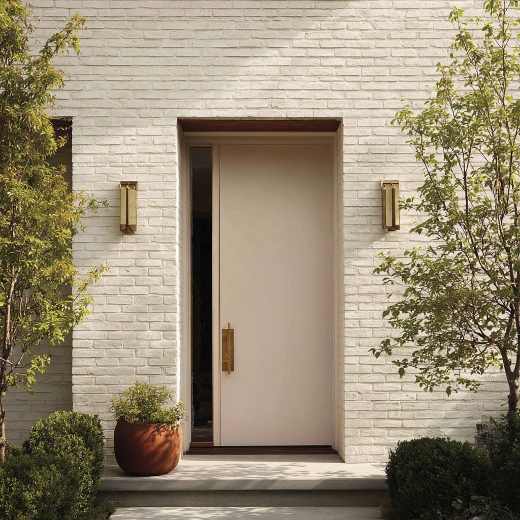 Dusty clay-rose front door against white lime-washed brick with brass pull, timber reveal, clipped shrubs Dusty clay-rose front door against white lime-washed brick with brass pull, timber reveal, clipped shrubs