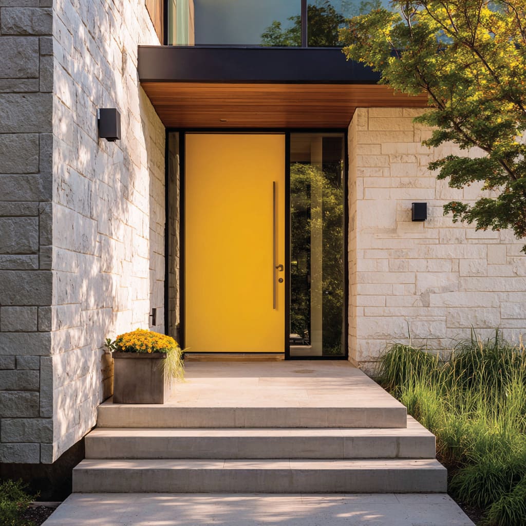 Dusty saffron front door under cedar soffit with dark pull, pale limestone, minimal grasses Dusty saffron front door under cedar soffit with dark pull, pale limestone, minimal grasses