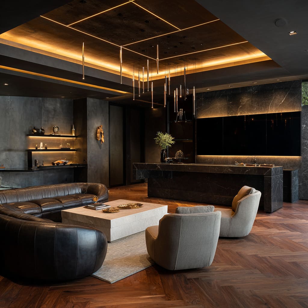 Expensive man cave concept with black marble, curved leather sofas, glowing ceiling light geometry, bronzed metal accents Expensive man cave concept with black marble, curved leather sofas, glowing ceiling light geometry, bronzed metal accents