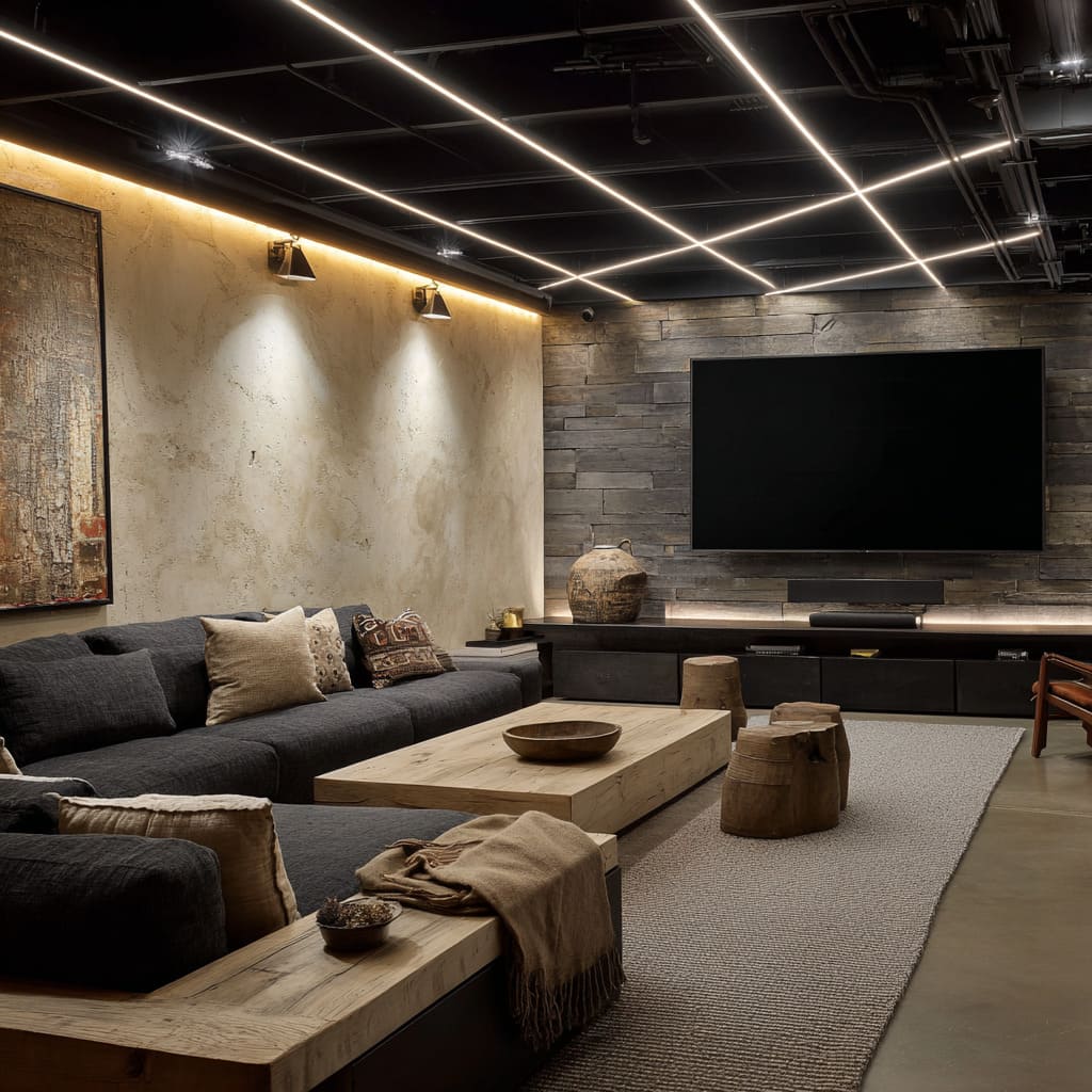 Exposed-ceiling lounge arrangment with luminous linear-LED grid, textured plaster and stacked-slate walls, deep charcoal sectional Exposed-ceiling lounge arrangment with luminous linear-LED grid, textured plaster and stacked-slate walls, deep charcoal sectional