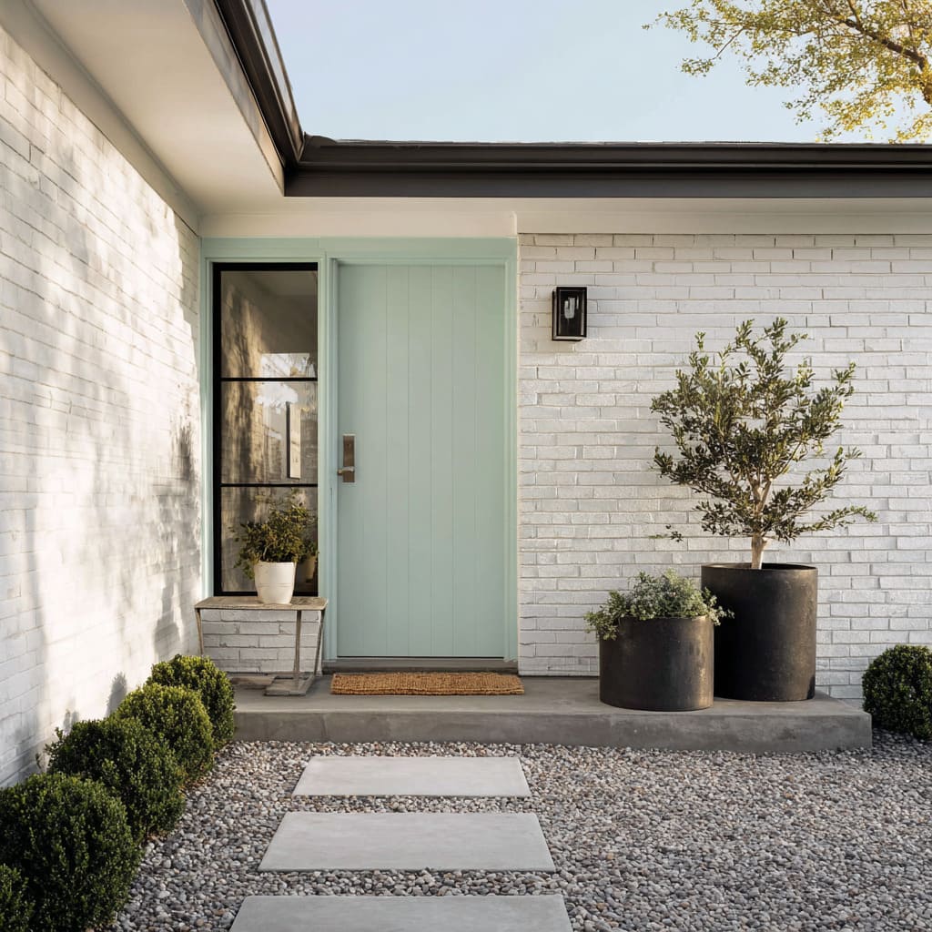 Faded mint-aqua vertical-groove door with black trim, whitewashed brick, brass hardware, and charcoal planters with boxwood Faded mint-aqua vertical-groove door with black trim, whitewashed brick, brass hardware, and charcoal planters with boxwood