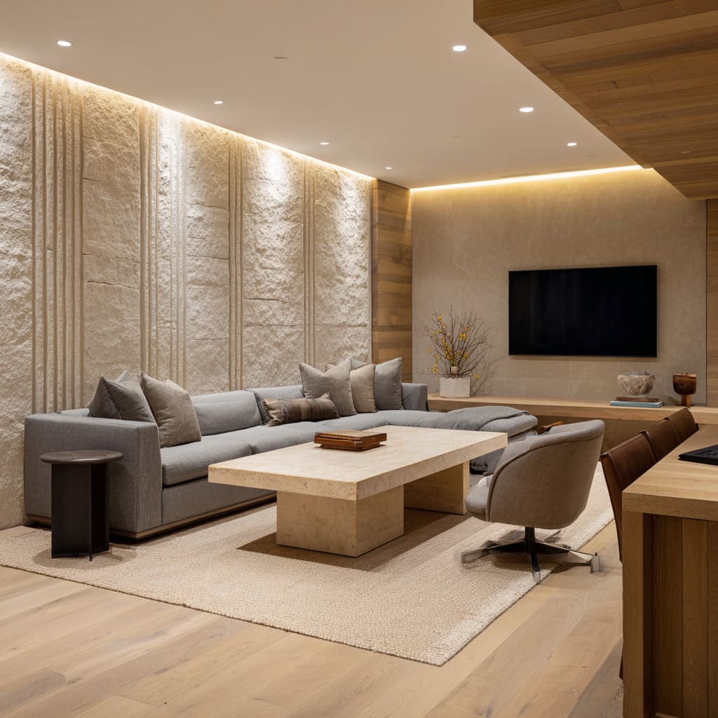 Feature wall design with vertical stone relief behind gray sectional, limestone pedestal table, wraparound bench media unit Feature wall design with vertical stone relief behind gray sectional, limestone pedestal table, wraparound bench media unit