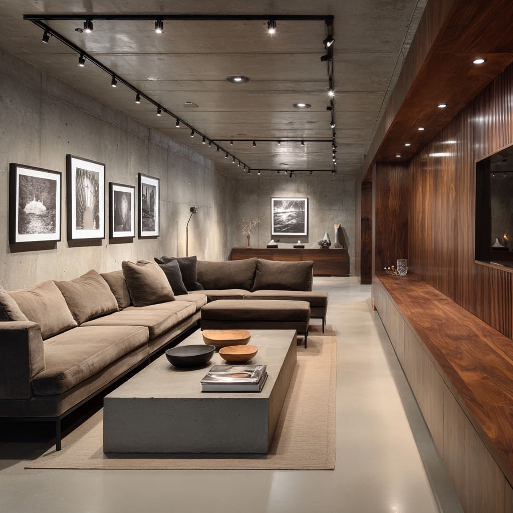 Gallery-like basement decorating ideas with raw concrete shell, continuous walnut media wall, black track lighting, cocoa sectional Gallery-like basement decorating ideas with raw concrete shell, continuous walnut media wall, black track lighting, cocoa sectional