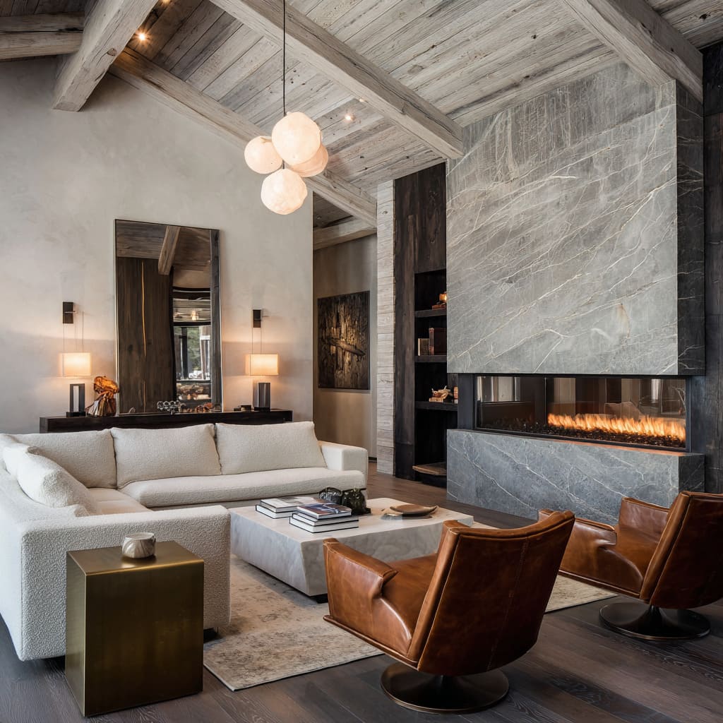 Gallery-like modern chalet great room design with veined gray stone fireplace, black built-ins, ivory sculpted sofa, saddle leather chairs Gallery-like modern chalet great room design with veined gray stone fireplace, black built-ins, ivory sculpted sofa, saddle leather chairs