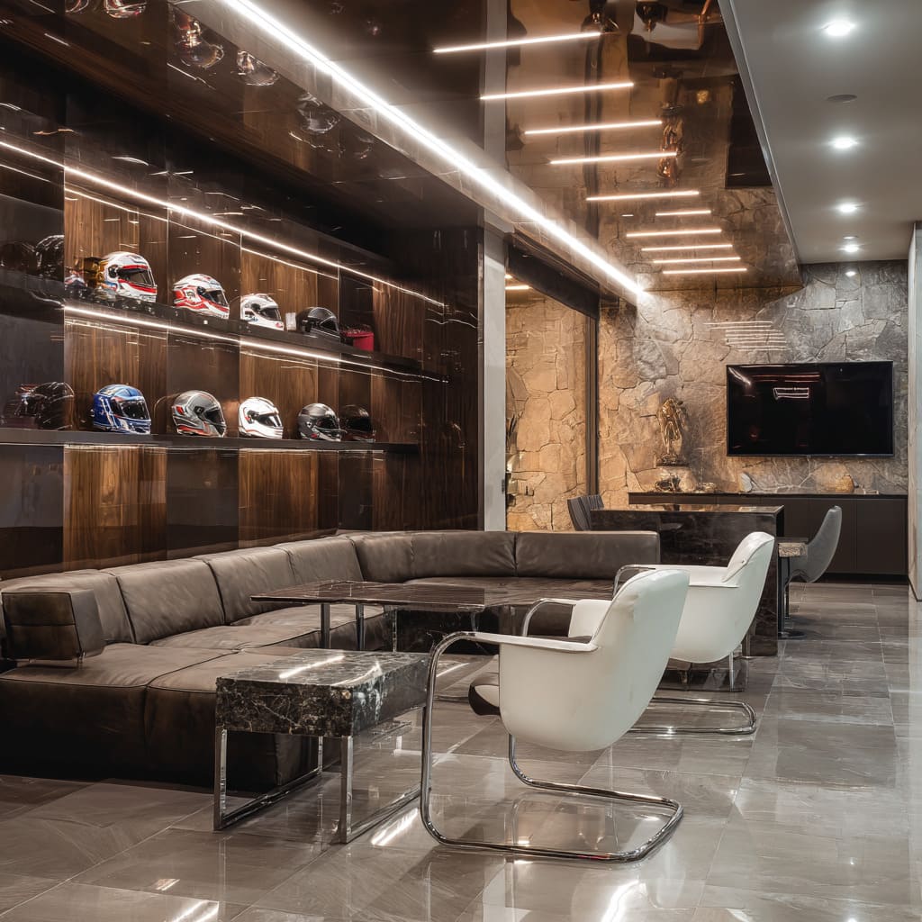 Gallery-style luxury man cave design with walnut helmet display wall, mirrored ceiling lights, graphite leather sectional Gallery-style luxury man cave design with walnut helmet display wall, mirrored ceiling lights, graphite leather sectional