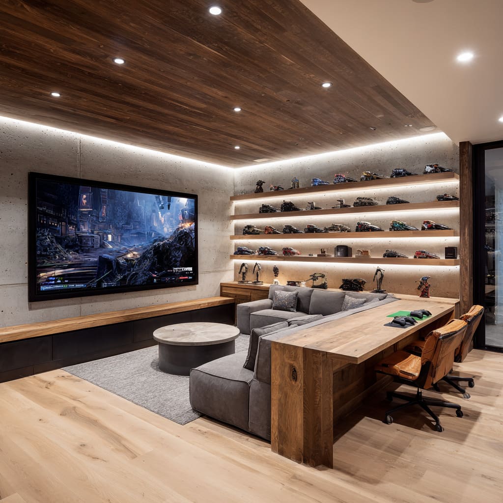 Gaming lounge design with concrete feature wall and lit shelves of models, dark wood canopy ceiling, long media bench, compact sofa Gaming lounge design with concrete feature wall and lit shelves of models, dark wood canopy ceiling, long media bench, compact sofa