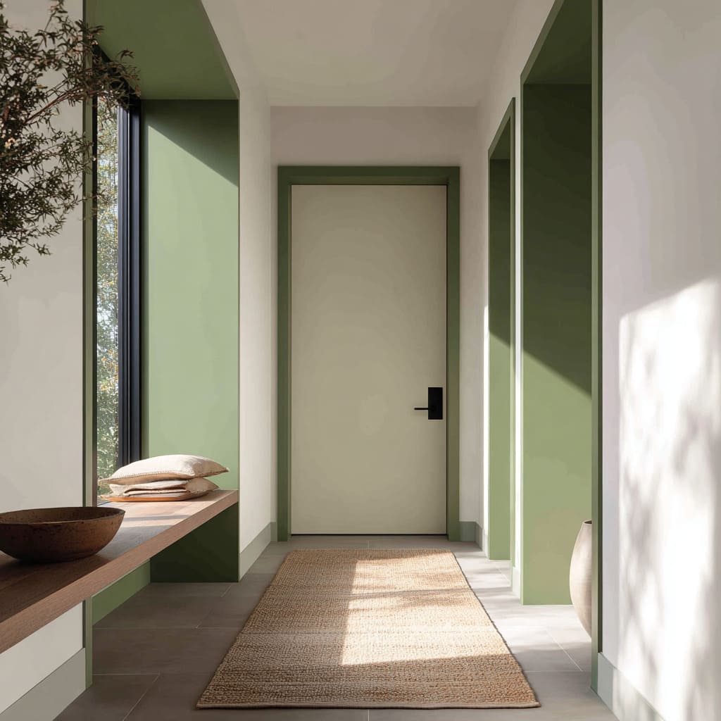 Garden-green frames with a soft cream door in a sunlit passage concept Garden-green frames with a soft cream door in a sunlit passage concept