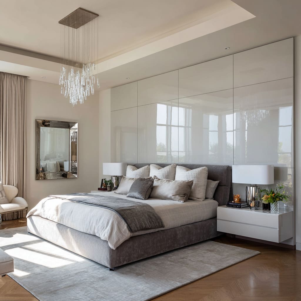 Glossy hollywood regency bedroom idea blending pale lacquer panels, smoke velvet bed, floating nightstands, and crystal chandelier Glossy hollywood regency bedroom idea blending pale lacquer panels, smoke velvet bed, floating nightstands, and crystal chandelier