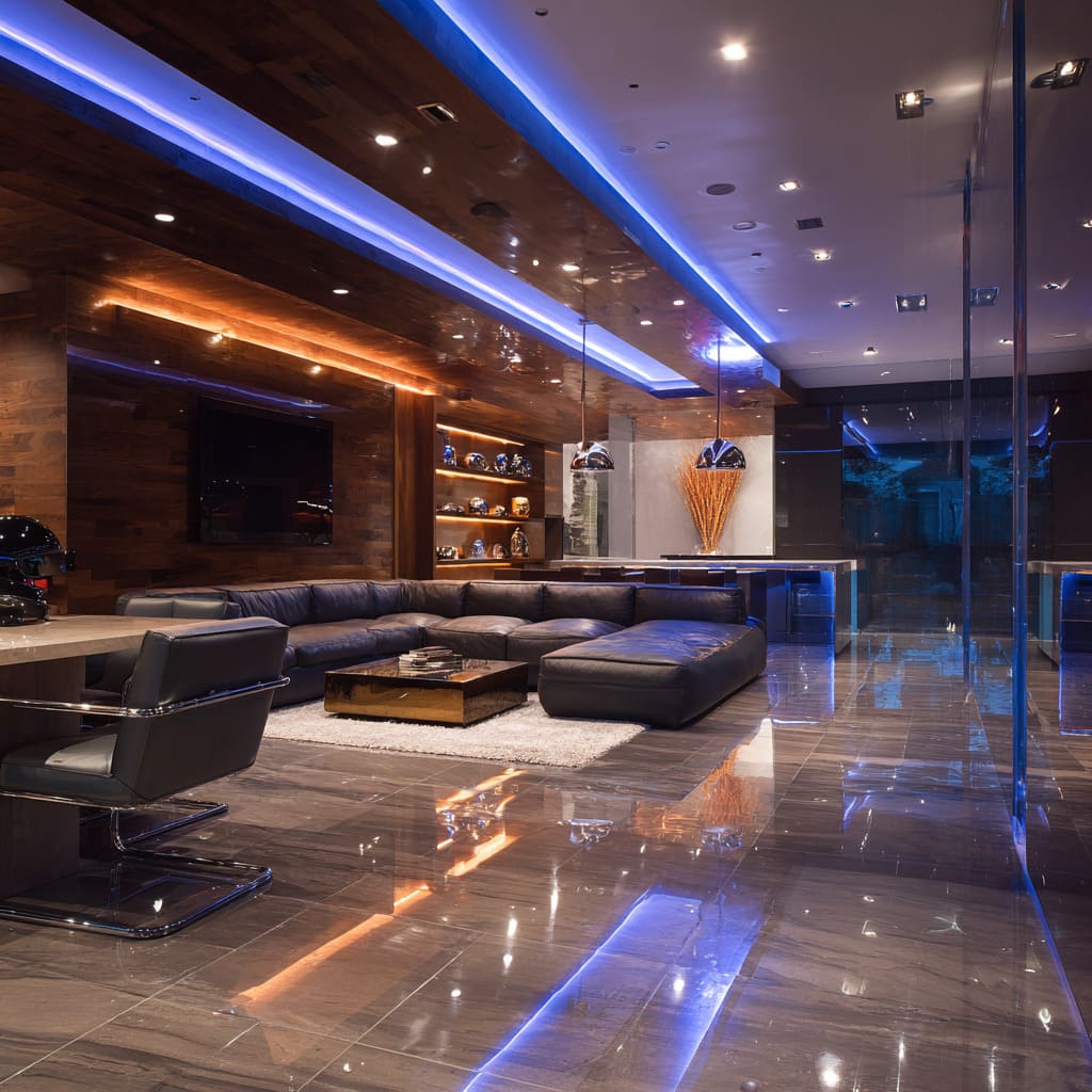 Glossy luxury man cave ideas with lacquered walnut ceiling, blue and amber linear lighting, black leather sectional, mirrored bar pendants