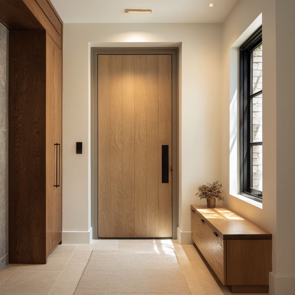 Grain oak design door inside a taupe shadow-frame next to black windows Grain oak design door inside a taupe shadow-frame next to black windows