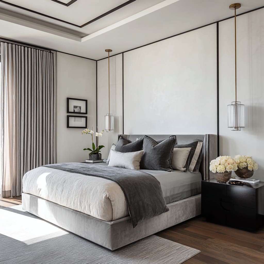 Graphite-and-ivory hollywood regency bedroom interior with black trim lines, brass pendant lanterns, velvet bedding layers Graphite-and-ivory hollywood regency bedroom interior with black trim lines, brass pendant lanterns, velvet bedding layers