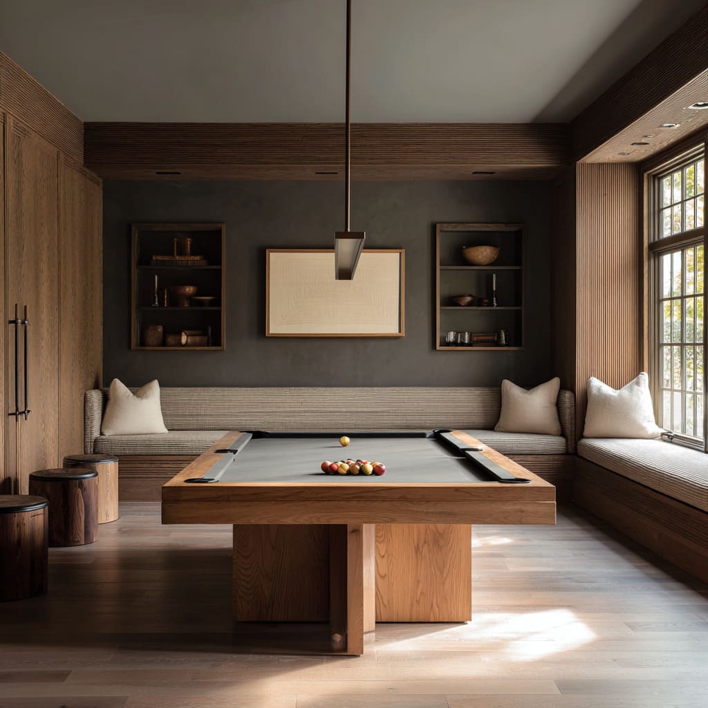 Gray-plaster billiard room design with oak reeded frames, built-in bench seating, and wood-and-graphite pool table on plank floors