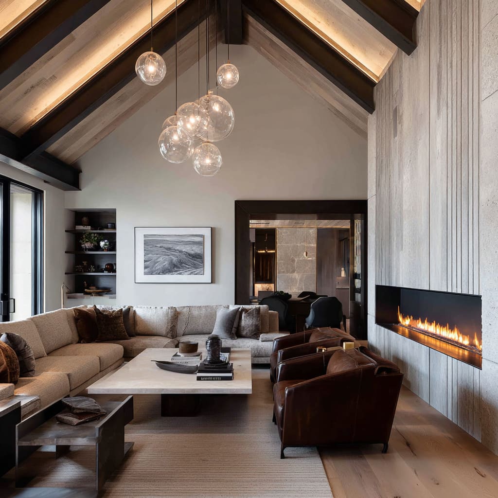 High-contrast chalet style living room concept featuring ribbed limestone fireplace, black rafters, warm ridge lighting, oatmeal sectional High-contrast chalet style living room concept featuring ribbed limestone fireplace, black rafters, warm ridge lighting, oatmeal sectional