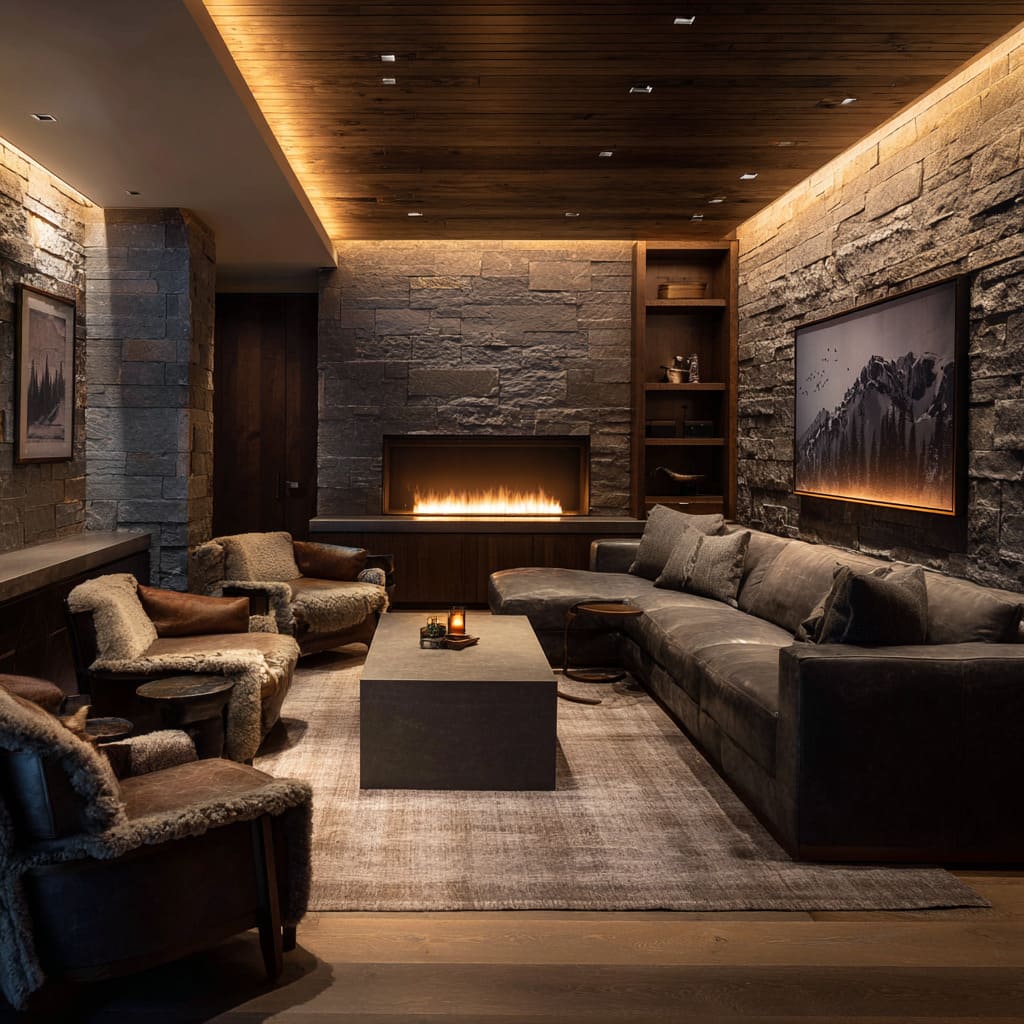 High-end man cave design with charcoal stone fireplace, walnut cabinetry, backlit ceiling cove, shearling-lined chairs High-end man cave design with charcoal stone fireplace, walnut cabinetry, backlit ceiling cove, shearling-lined chairs
