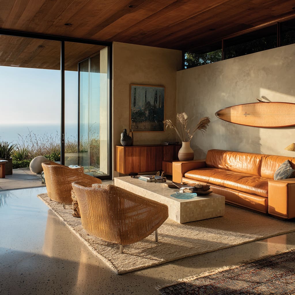 Diseño surfista en casa de colina con sofá de cuero caramelo, tabla barnizada color ámbar, mesa de mosaico de piedra y sillas de ratán. Diseño surfista en casa de colina con sofá de cuero caramelo, tabla barnizada color ámbar, mesa de mosaico de piedra y sillas de ratán.
