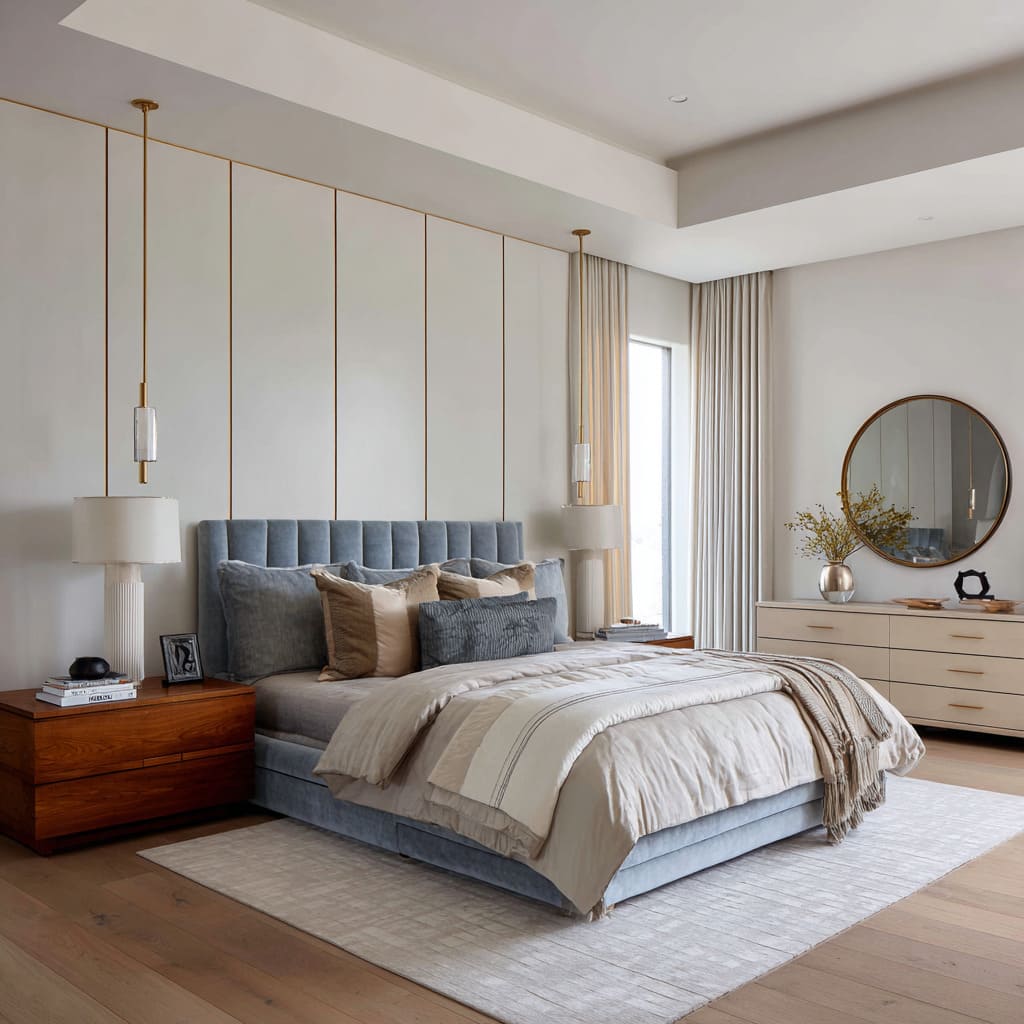 Hollywood regency bedroom idea combining blue upholstered bed, off-white paneled wall with gold reveals, walnut nightstand Hollywood regency bedroom idea combining blue upholstered bed, off-white paneled wall with gold reveals, walnut nightstand