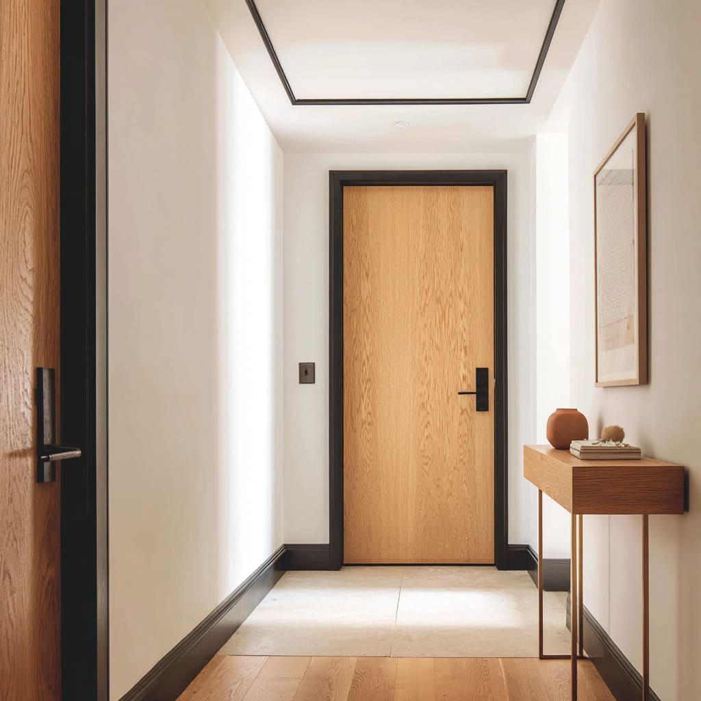 Honey-oak door with charcoal frame and charcoal trim in a narrow hall scene Honey-oak door with charcoal frame and charcoal trim in a narrow hall scene