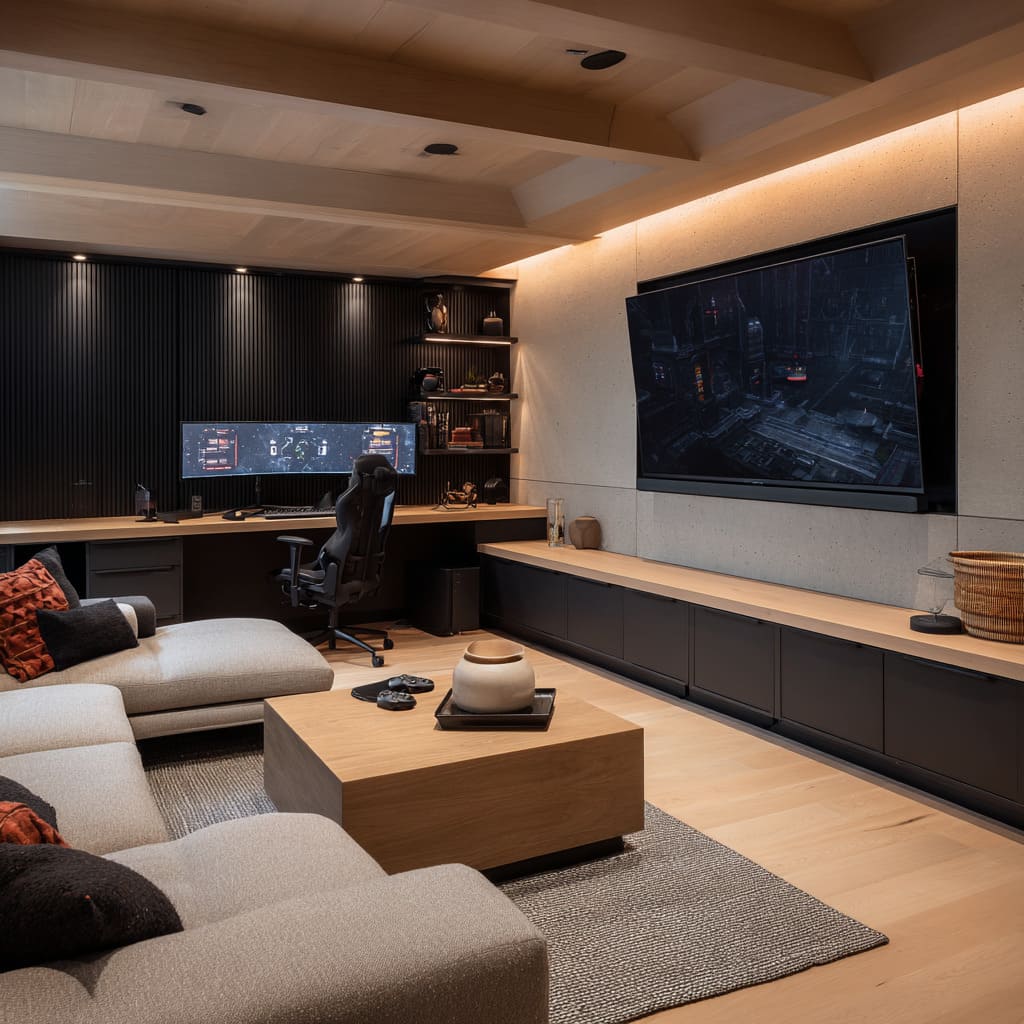 Hybrid theater and play room setup with continuous oak counter turning into media bench, ribbed black desk wall Hybrid theater and play room setup with continuous oak counter turning into media bench, ribbed black desk wall