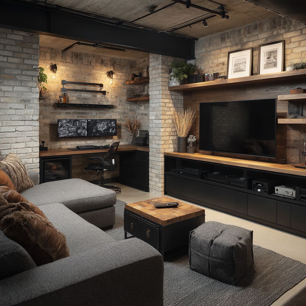 Industrial-cozy cave design with lime-washed brick, exposed steel and conduit, layered wood-and-black media wall, L-desk Industrial-cozy cave design with lime-washed brick, exposed steel and conduit, layered wood-and-black media wall, L-desk