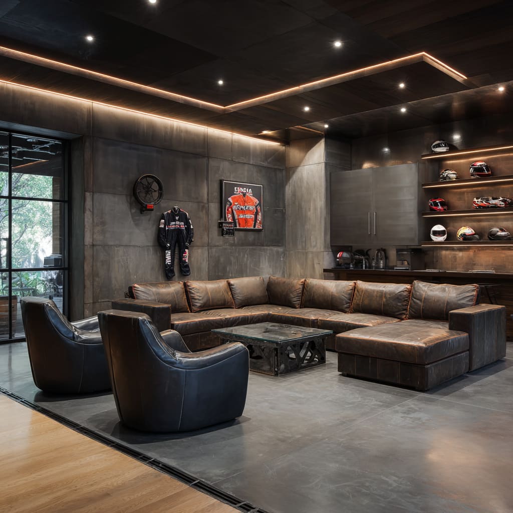 Industrial luxury man cave design with dark steel wall panels, racetrack ceiling lighting, tobacco leather U-sofa, racing suit display Industrial luxury man cave design with dark steel wall panels, racetrack ceiling lighting, tobacco leather U-sofa, racing suit display