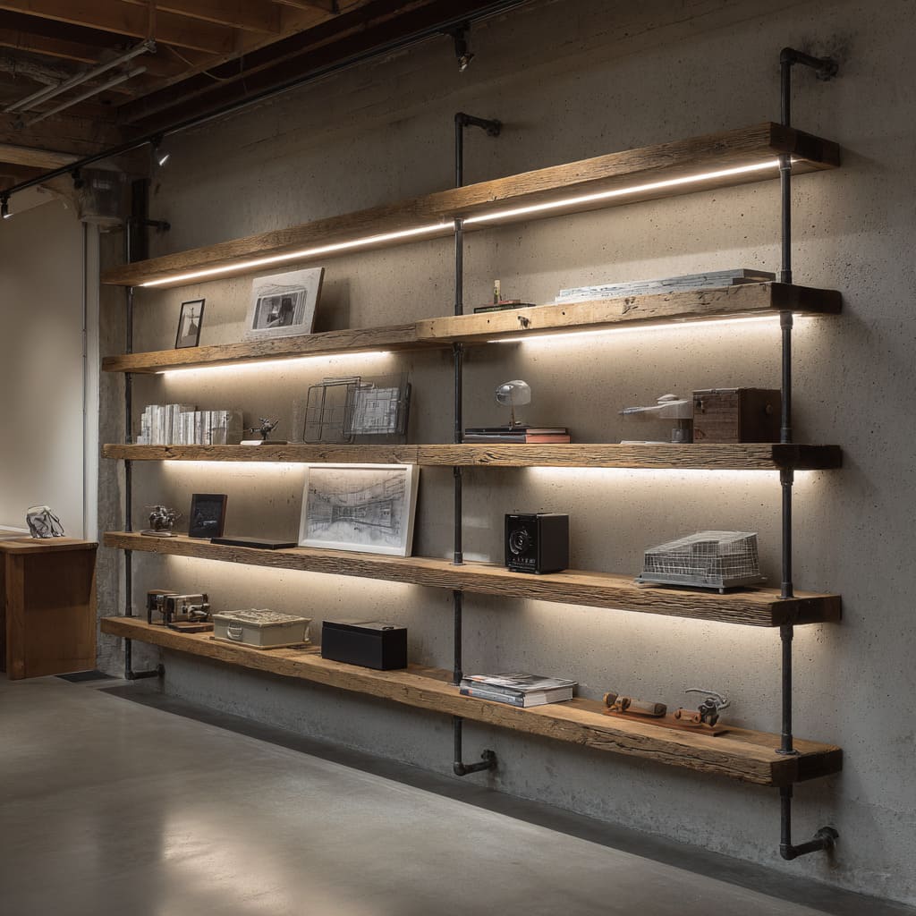 Industrial pipe shelving ideas with weathered planks and concrete wall