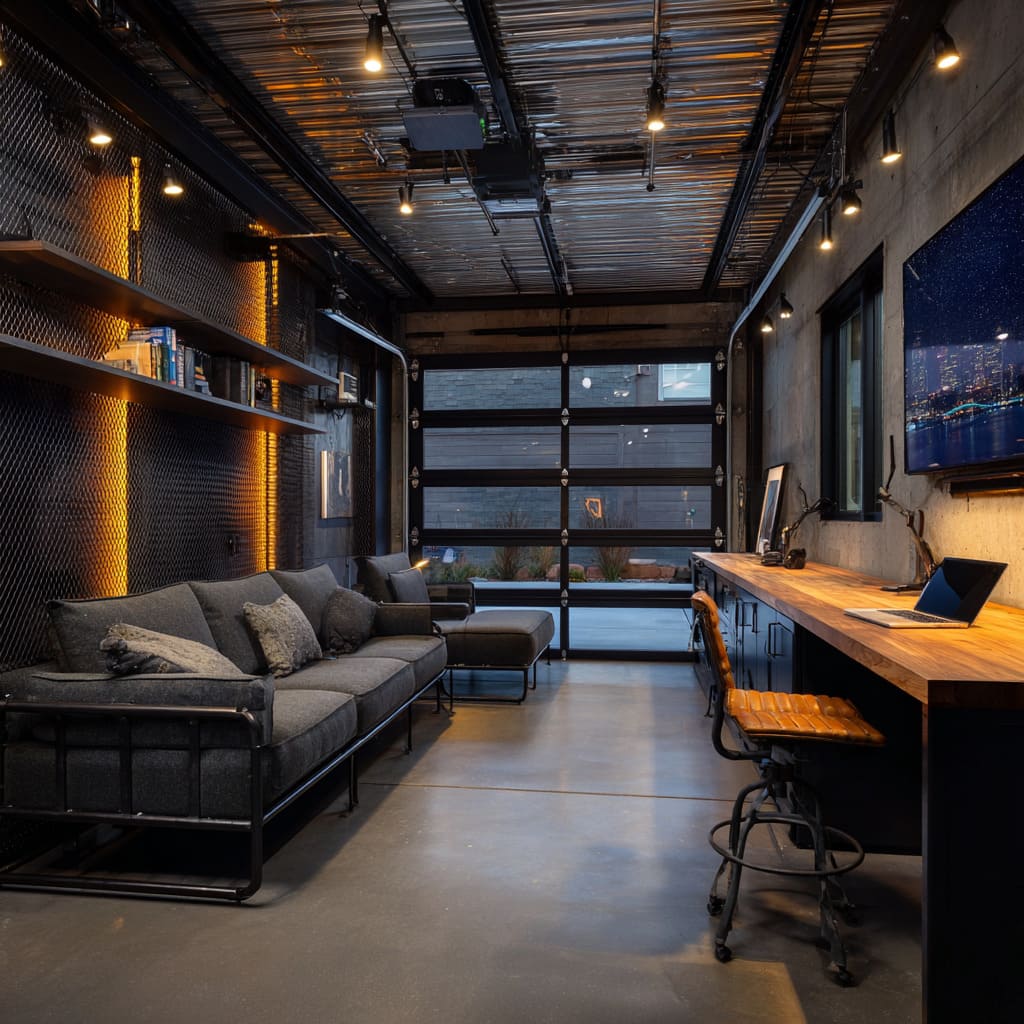 Industrial urban garage man cave concept with corrugated steel ceiling, concrete wall, full-length butcher-block desk Industrial urban garage man cave concept with corrugated steel ceiling, concrete wall, full-length butcher-block desk