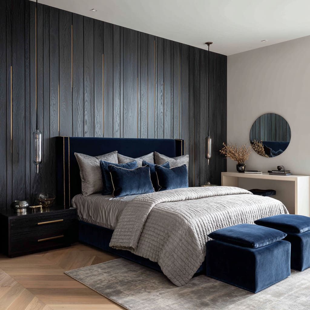 Ink-black hollywood regency bedroom concept featuring slim gold slivers, navy velvet headboard, tall glass pendants Ink-black hollywood regency bedroom concept featuring slim gold slivers, navy velvet headboard, tall glass pendants