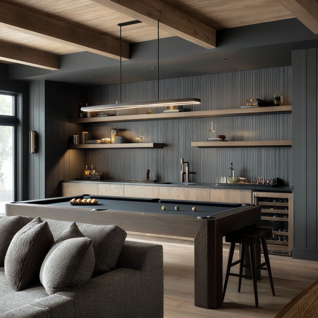 Interesting modern lodge-style snooker room design with oak beams, black walls, floating shelves, and deep charcoal felt table Interesting modern lodge-style snooker room design with oak beams, black walls, floating shelves, and deep charcoal felt table