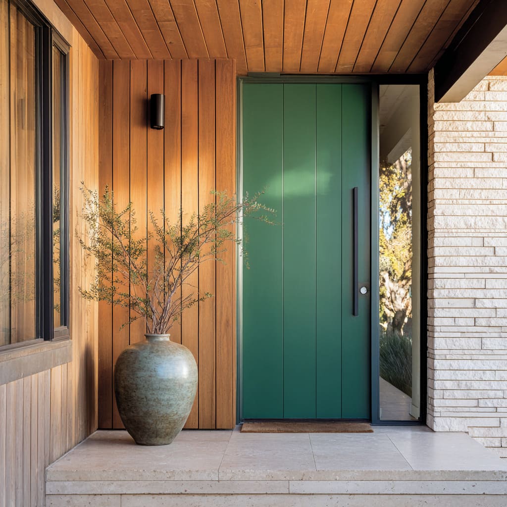 Jade-green vertical-plank entry door with long black pull, cedar cladding, pale stone, and celadon planter Jade-green vertical-plank entry door with long black pull, cedar cladding, pale stone, and celadon planter