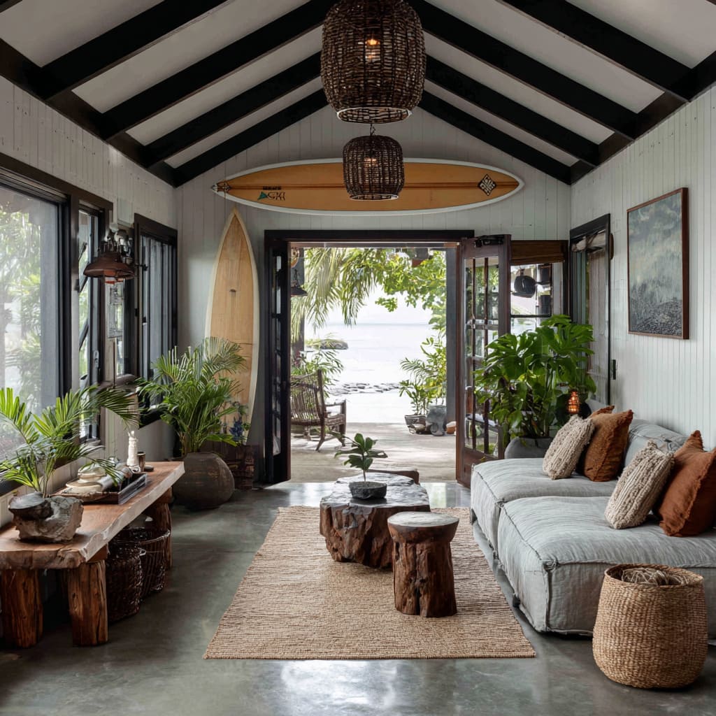Interiores de bungalow en Kauai con dos tablas de surf, piso de concreto, mesas de tronco y sofás de lino frente a vistas llenas de palmeras. Interiores de bungalow en Kauai con dos tablas de surf, piso de concreto, mesas de tronco y sofás de lino frente a vistas llenas de palmeras.