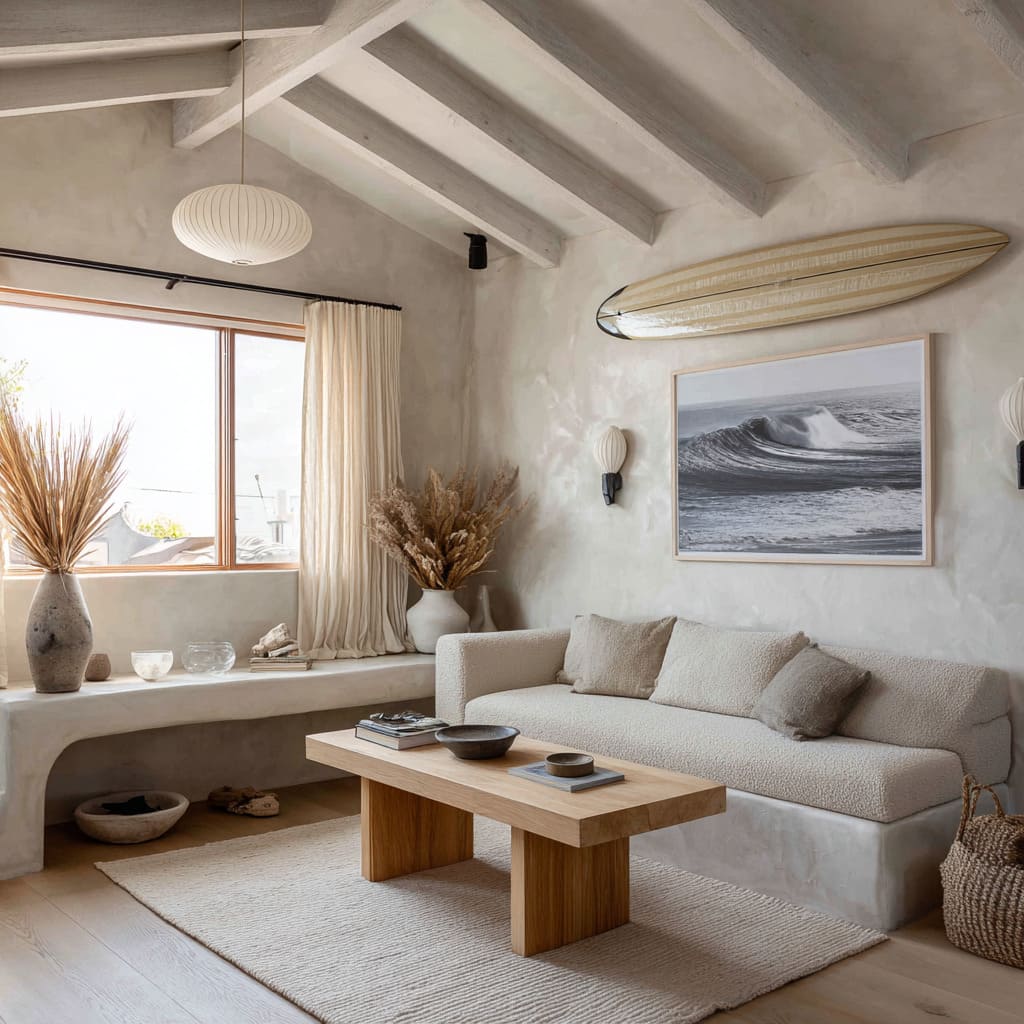 Interiores de choza de surf en Laguna Beach con yeso color arena, tabla color hueso sobre arte de surf y alfombra de lana acanalada bajo un ambiente minimalista. Interiores de choza de surf en Laguna Beach con yeso color arena, tabla color hueso sobre arte de surf y alfombra de lana acanalada bajo un ambiente minimalista.