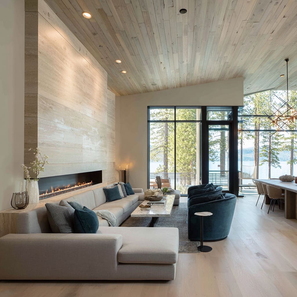 Lake-facing chalet living room design with long ribbon fireplace, calm stone wall, low sofa and teal chairs, veined coffee table Lake-facing chalet living room design with long ribbon fireplace, calm stone wall, low sofa and teal chairs, veined coffee table