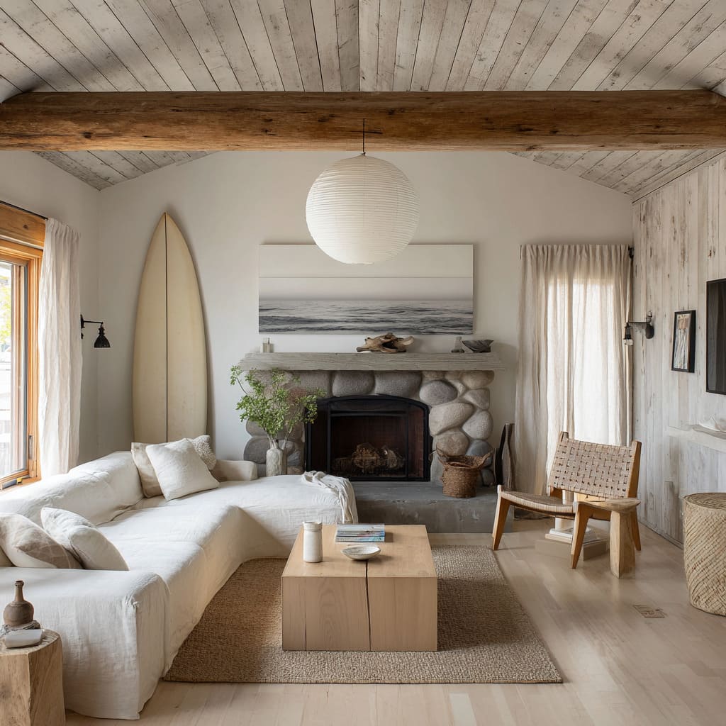 Interiores de cabaña junto al lago con chimenea de piedra de río, tabla amarilla, mesa cúbica de roble y silla tejida bajo un techo de madera encalada. Interiores de cabaña junto al lago con chimenea de piedra de río, tabla amarilla, mesa cúbica de roble y silla tejida bajo un techo de madera encalada.