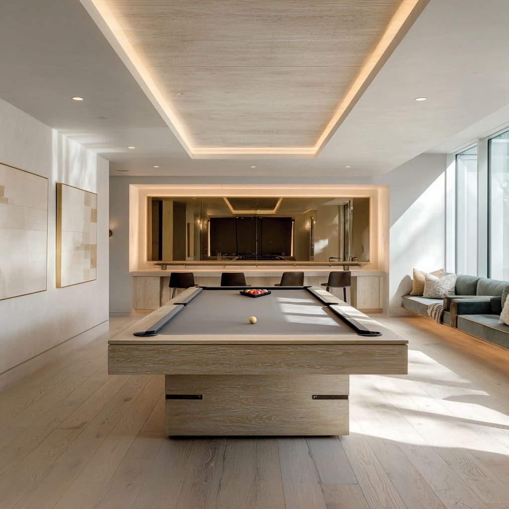 Large modern snooker room design with framed mirrored bar niche, timber tray ceiling, and balanced symmetry with grey felt table Large modern snooker room design with framed mirrored bar niche, timber tray ceiling, and balanced symmetry with grey felt table