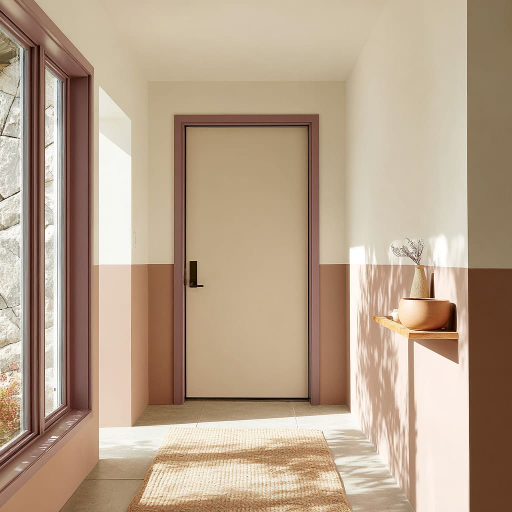 Light door with mauve-plum frames set against a blush two-tone wall scheme Light door with mauve-plum frames set against a blush two-tone wall scheme