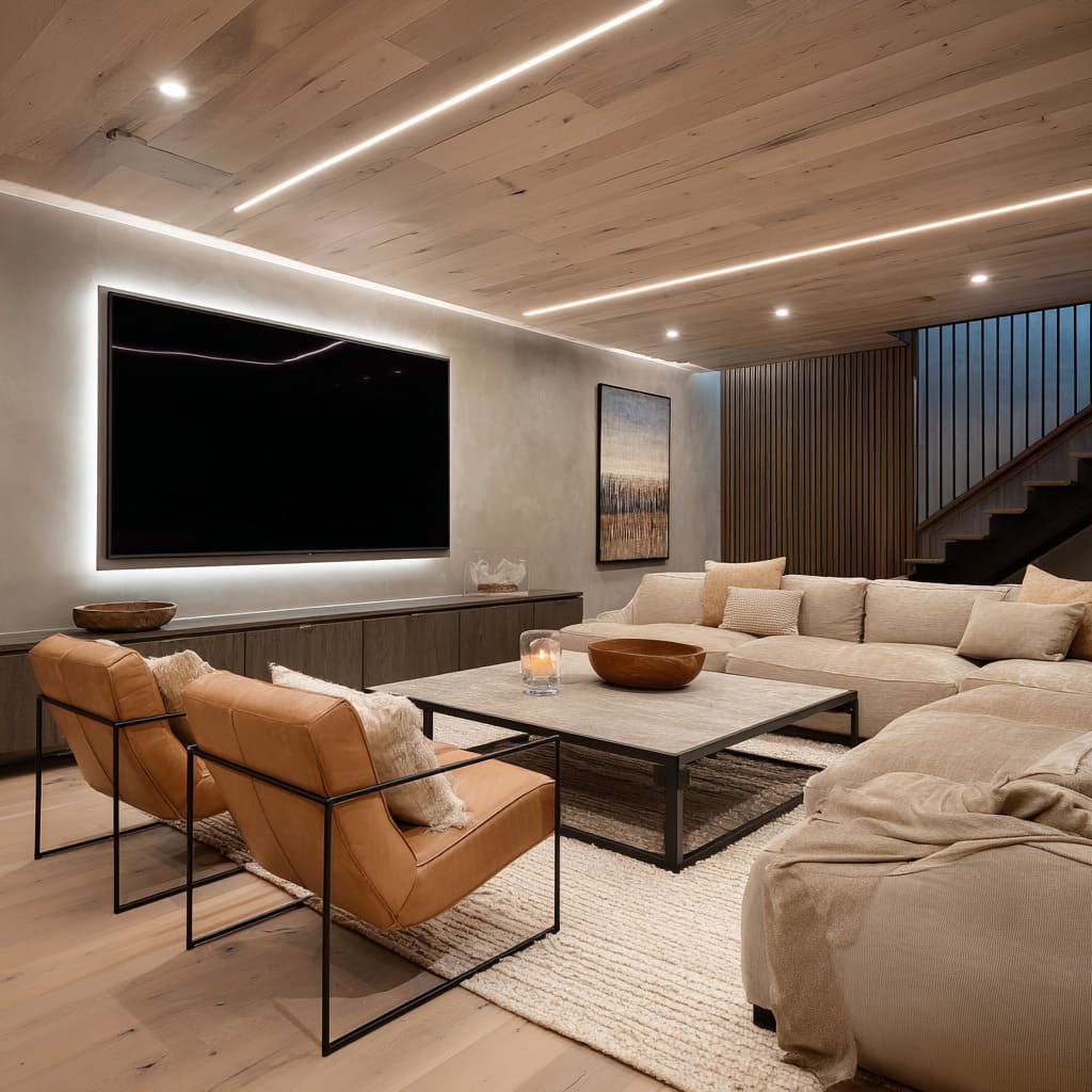 Light theater room design with pale wood ceiling lines, sand sectional, caramel armchairs, square stone table Light theater room design with pale wood ceiling lines, sand sectional, caramel armchairs, square stone table