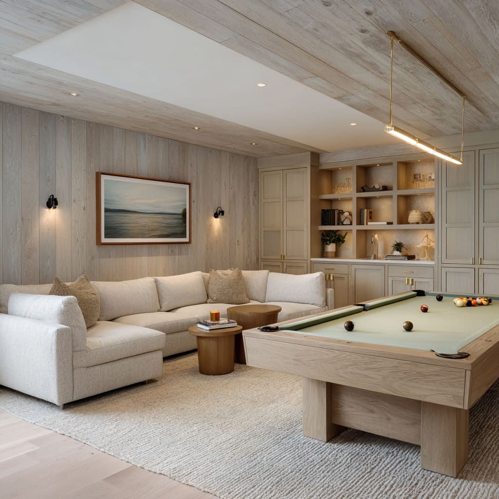 Light timber snooker room design with sea-glass felt, brushed wood walls, built-in shelves, and calm coastal lighting Light timber snooker room design with sea-glass felt, brushed wood walls, built-in shelves, and calm coastal lighting