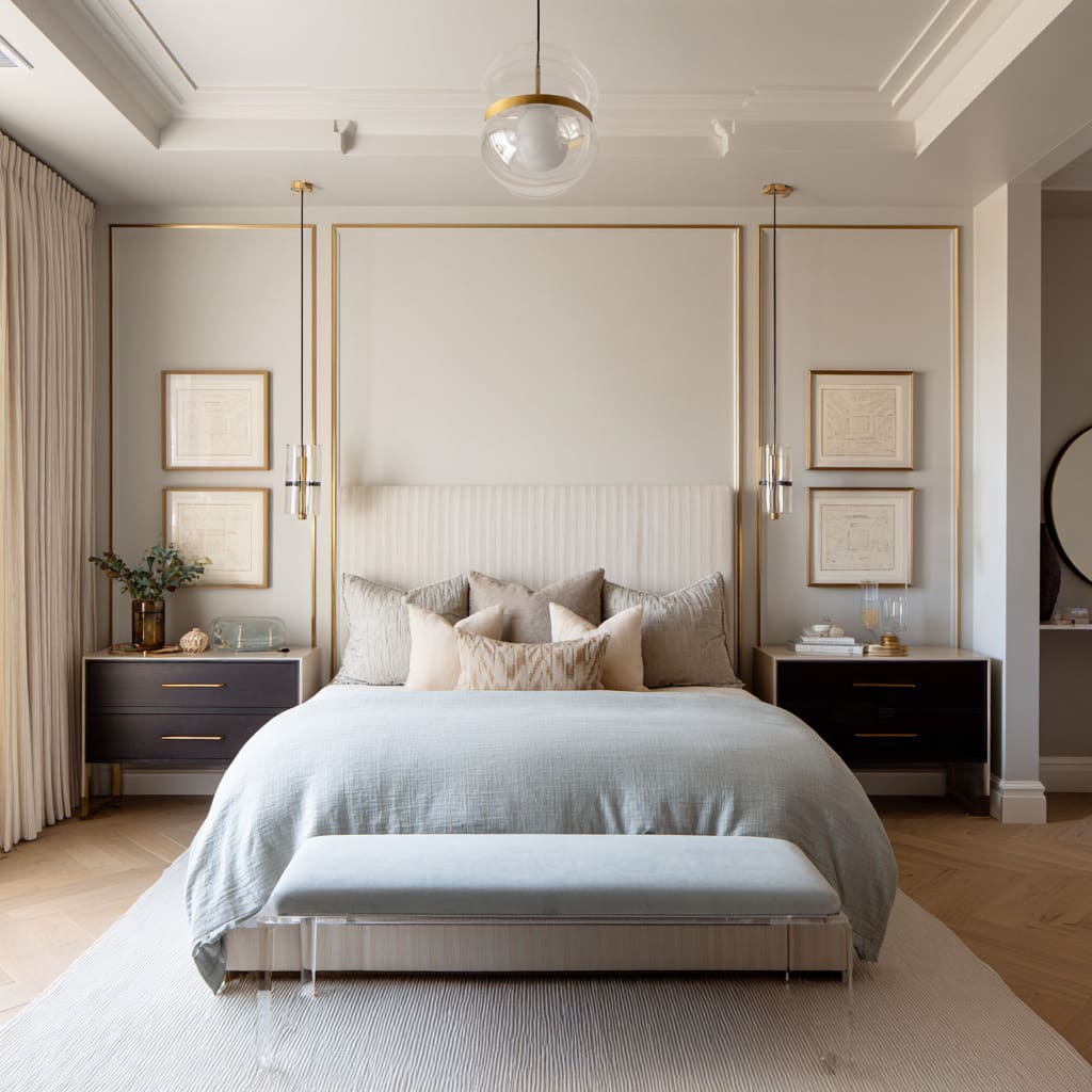 Light-washed hollywood regency bedroom design framed with thin brass reveals, ribbed oatmeal headboard, acrylic bench Light-washed hollywood regency bedroom design framed with thin brass reveals, ribbed oatmeal headboard, acrylic bench